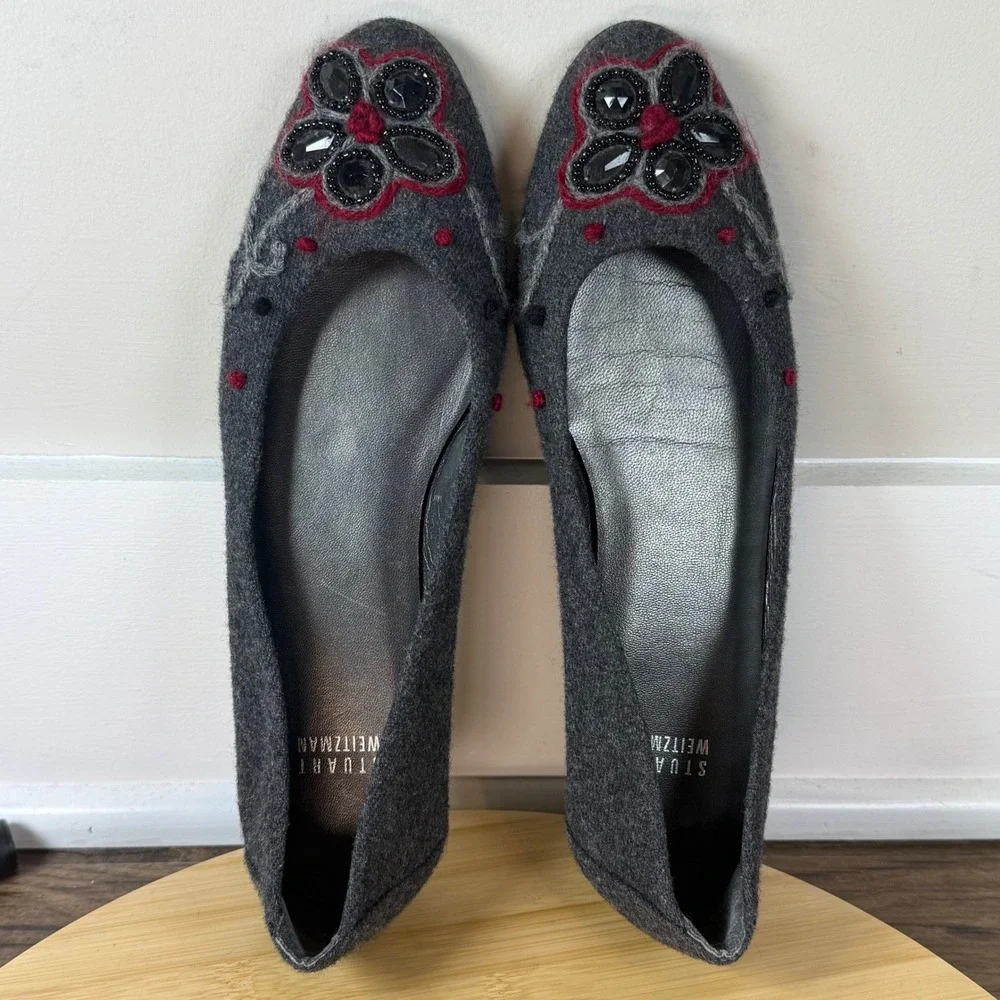 Stuart Weitzman Women 9M Ballet Flats‎ Grey Wool Embroidered Floral Cottagecore